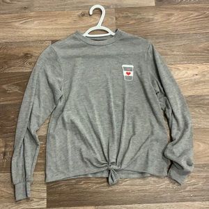 Coffee Embroidered Long Sleeve Tie Front Tee